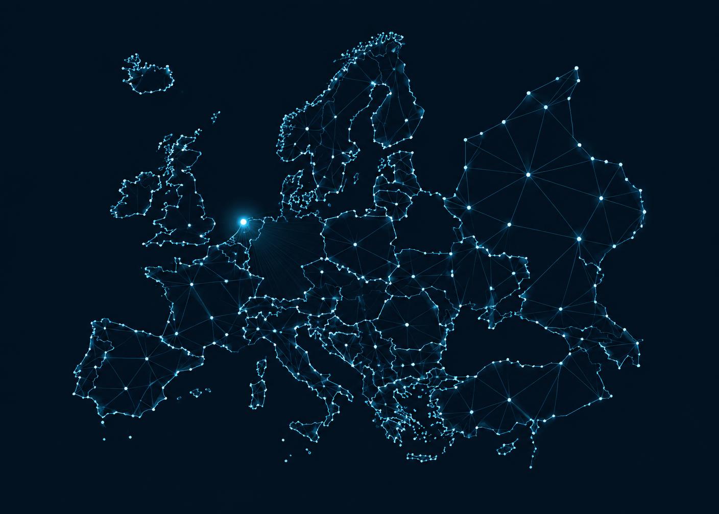 Map of Europe with delivery routes radiating from Amsterdam